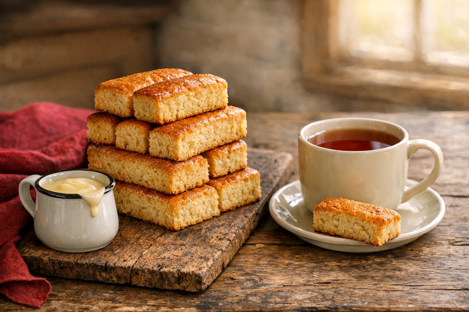 Stack of golden condensed milk rusks on a wooden board beside a jug of condensed milk and a cup of rooibos